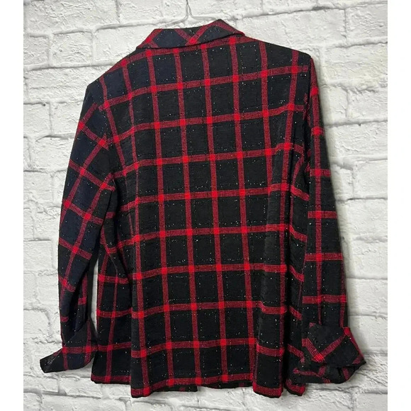 Allison Daley red and black plaid button up shirt blouse shimmery size 14. - Picture 4 of 6